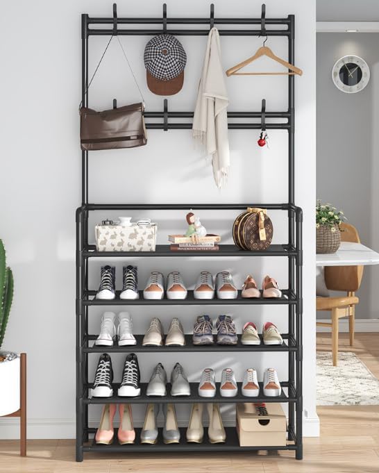 5-Tier Shoe Rack with 8 Hooks – All-in-One Entryway Organizer