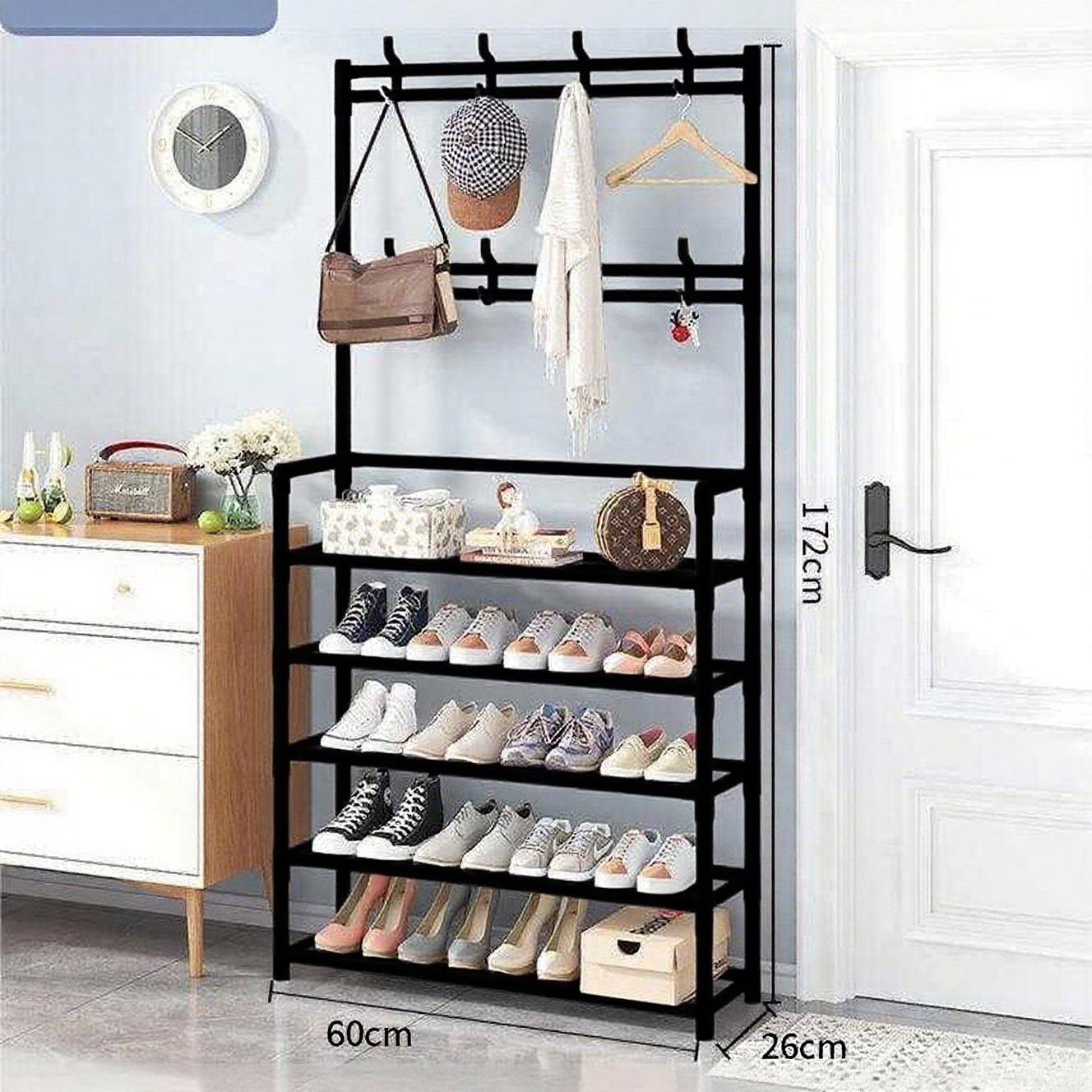 5-Tier Shoe Rack with 8 Hooks – All-in-One Entryway Organizer
