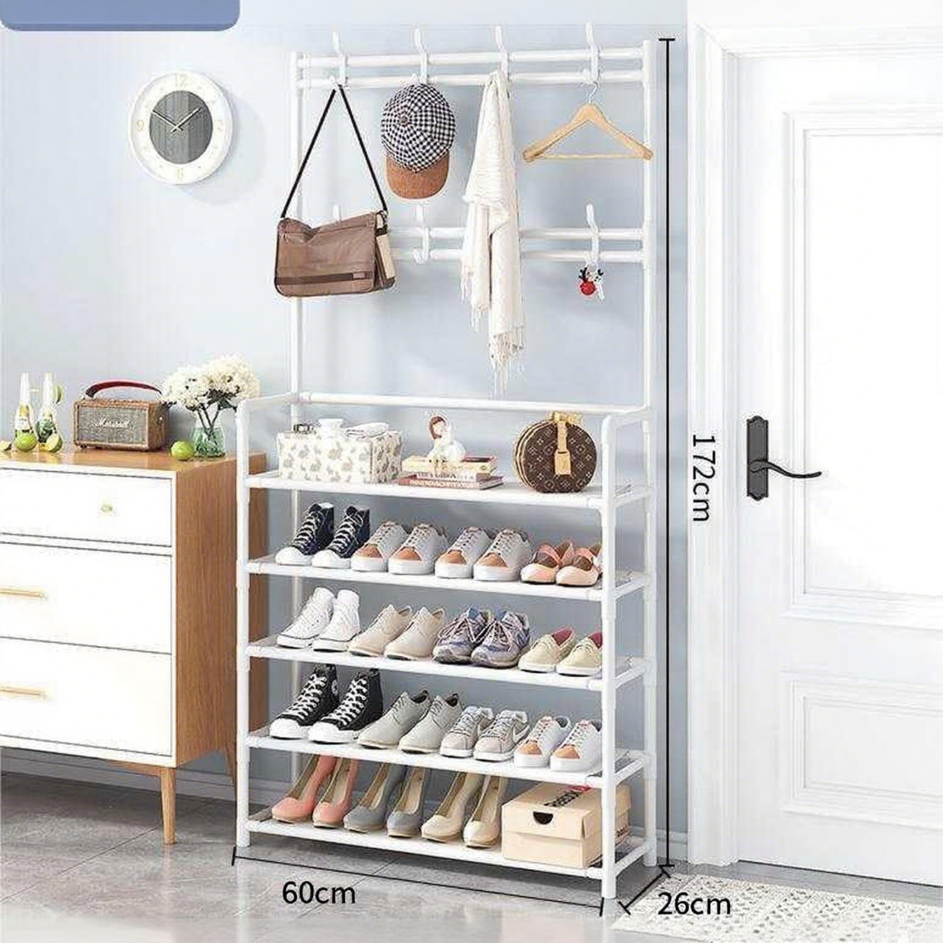 5-Tier Shoe Rack with 8 Hooks – All-in-One Entryway Organizer