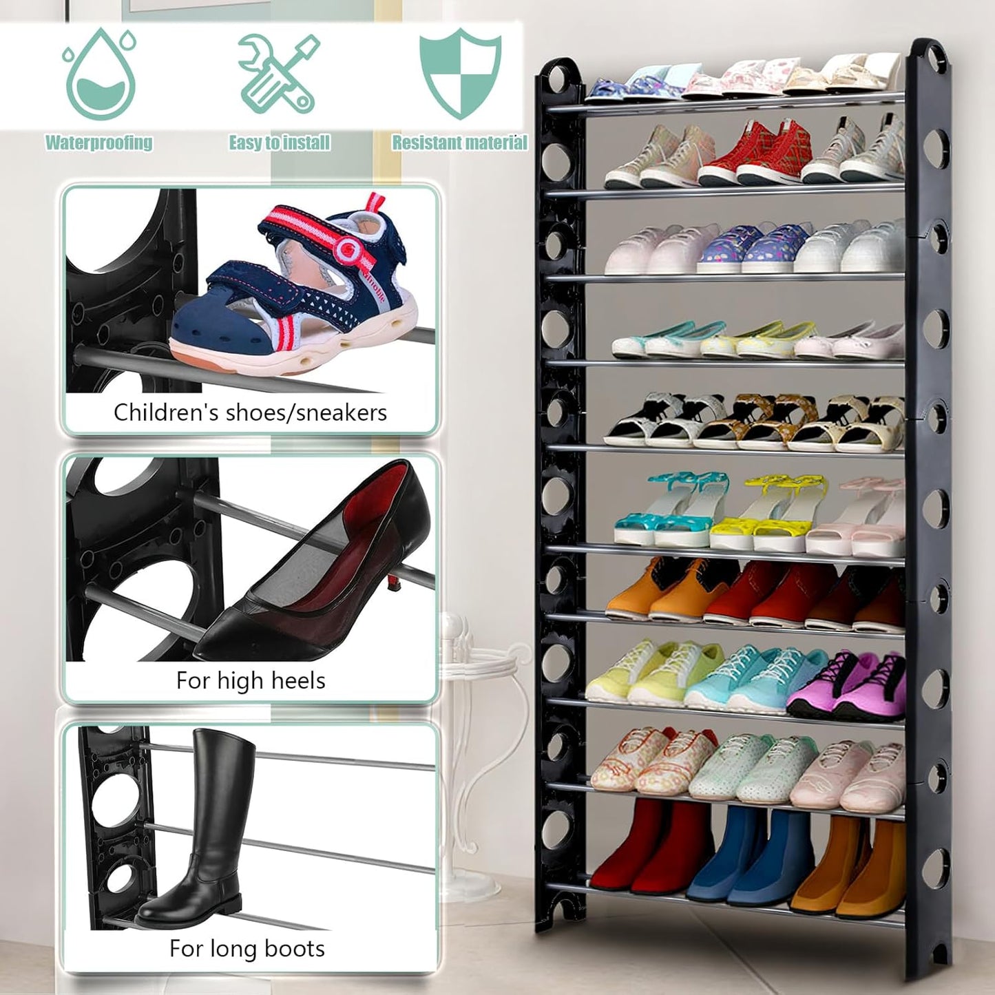 10-Tier Metal Shoe Rack – Tall & Narrow | Space-Saving Entryway Organizer
